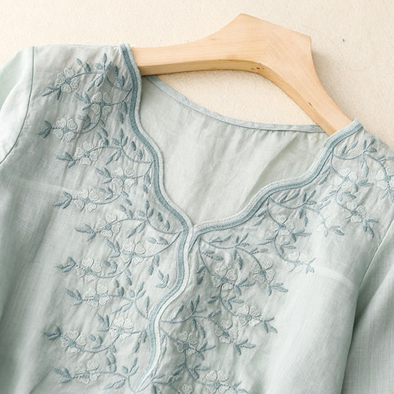 Buddha Stones夏 カジュアル 刺繍 花 レディース Vネック デザイン 半袖 アクリル Tシャツ