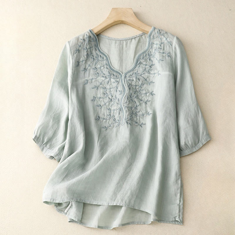Buddha Stones夏 カジュアル 刺繍 花 レディース Vネック デザイン 半袖 アクリル Tシャツ