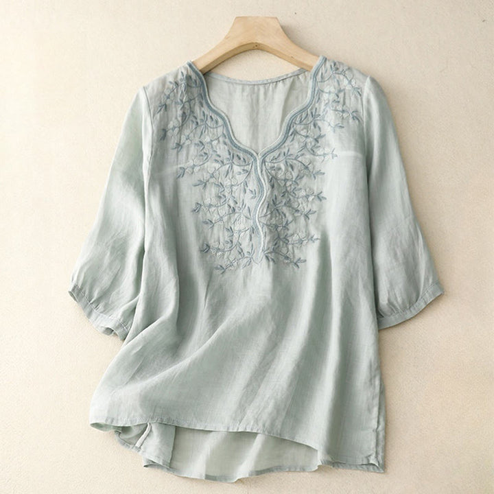 Buddha Stones夏 カジュアル 刺繍 花 レディース Vネック デザイン 半袖 アクリル Tシャツ
