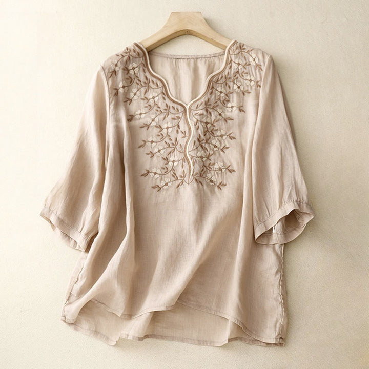 Buddha Stones夏 カジュアル 刺繍 花 レディース Vネック デザイン 半袖 アクリル Tシャツ