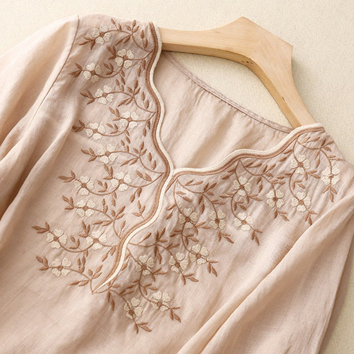 Buddha Stones夏 カジュアル 刺繍 花 レディース Vネック デザイン 半袖 アクリル Tシャツ