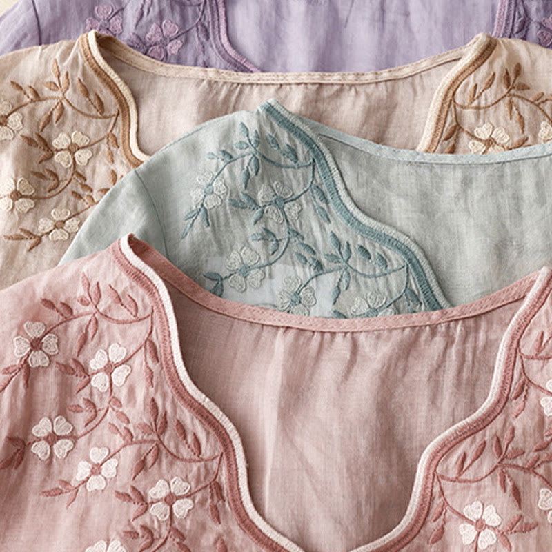 Buddha Stones夏 カジュアル 刺繍 花 レディース Vネック デザイン 半袖 アクリル Tシャツ - image 23