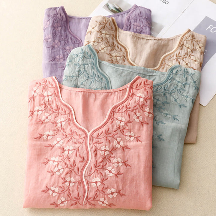 Buddha Stones夏 カジュアル 刺繍 花 レディース Vネック デザイン 半袖 アクリル Tシャツ