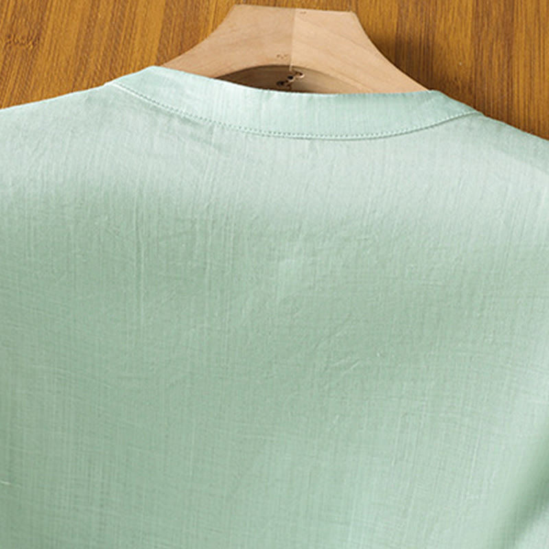 Buddha Stonesカジュアル レディース 花 葉 刺繍柄 カエルボタン クルーネックデザイン 半袖 コットンリネン シャツ - image 3