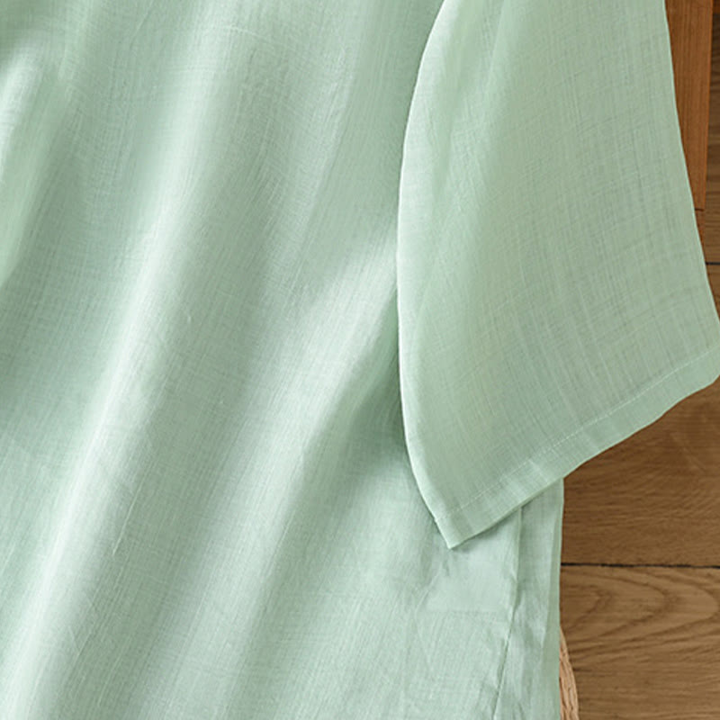 Buddha Stonesカジュアル レディース 花 葉 刺繍柄 カエルボタン クルーネックデザイン 半袖 コットンリネン シャツ - image 5