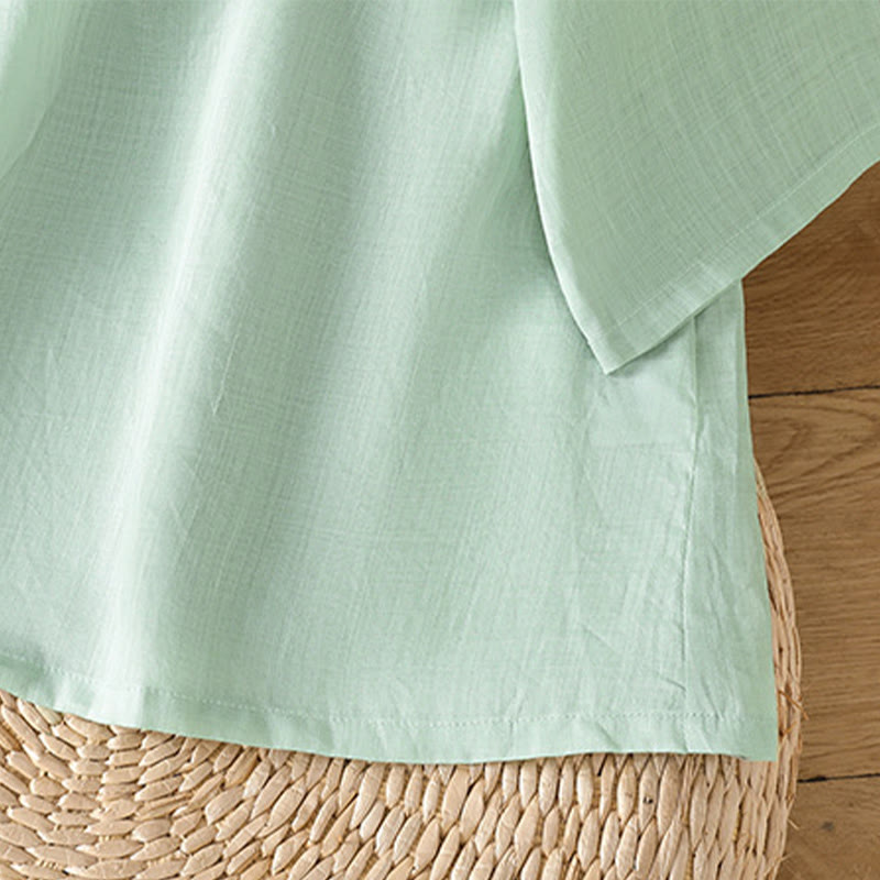 Buddha Stonesカジュアル レディース 花 葉 刺繍柄 カエルボタン クルーネックデザイン 半袖 コットンリネン シャツ - image 4