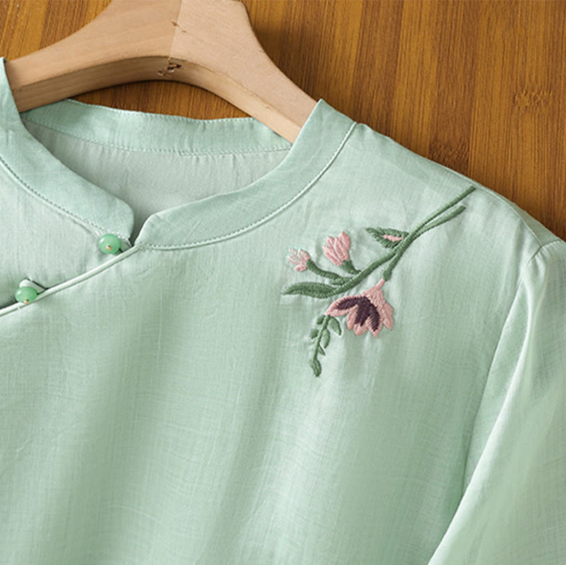 Buddha Stonesカジュアル レディース 花 葉 刺繍柄 カエルボタン クルーネックデザイン 半袖 コットンリネン シャツ - image 2