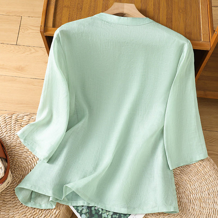 Buddha Stonesカジュアル レディース 花 葉 刺繍柄 カエルボタン クルーネックデザイン 半袖 コットンリネン シャツ - image 1