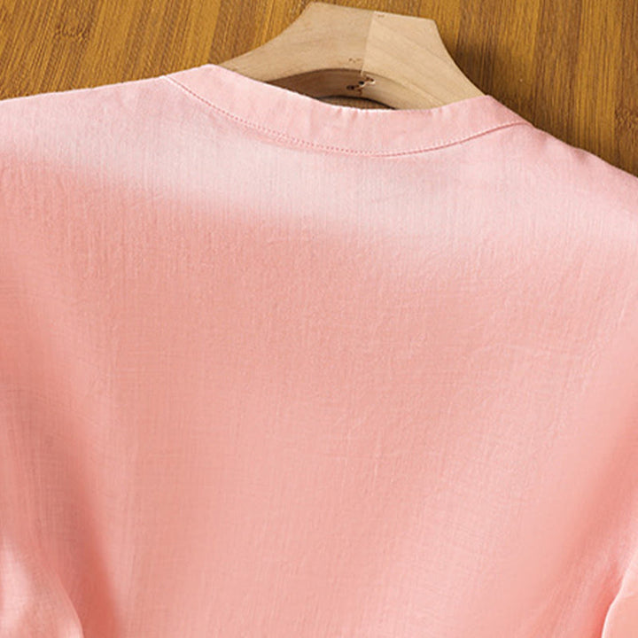 Buddha Stonesカジュアル レディース 花 葉 刺繍柄 カエルボタン クルーネックデザイン 半袖 コットンリネン シャツ - image 10