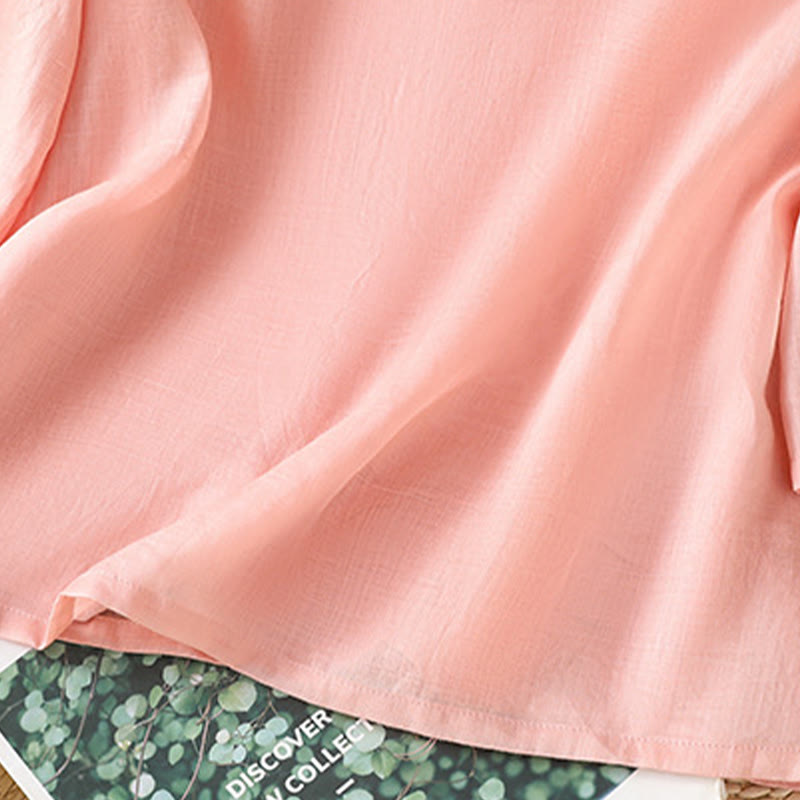 Buddha Stonesカジュアル レディース 花 葉 刺繍柄 カエルボタン クルーネックデザイン 半袖 コットンリネン シャツ - image 12