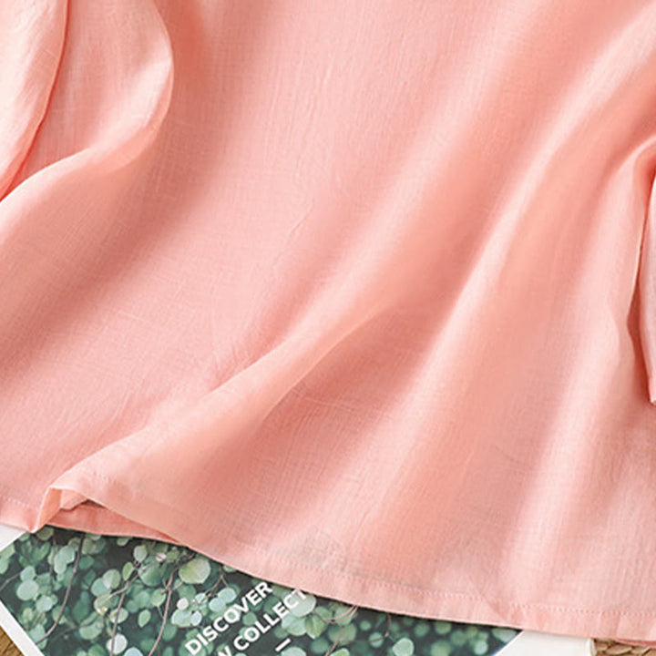 Buddha Stonesカジュアル レディース 花 葉 刺繍柄 カエルボタン クルーネックデザイン 半袖 コットンリネン シャツ - image 12