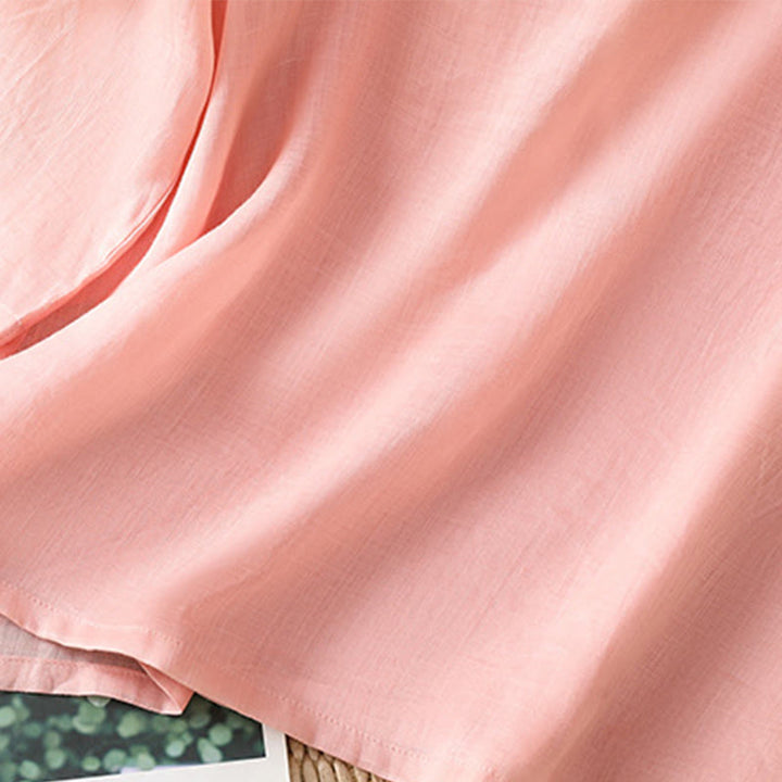 Buddha Stonesカジュアル レディース 花 葉 刺繍柄 カエルボタン クルーネックデザイン 半袖 コットンリネン シャツ - image 8