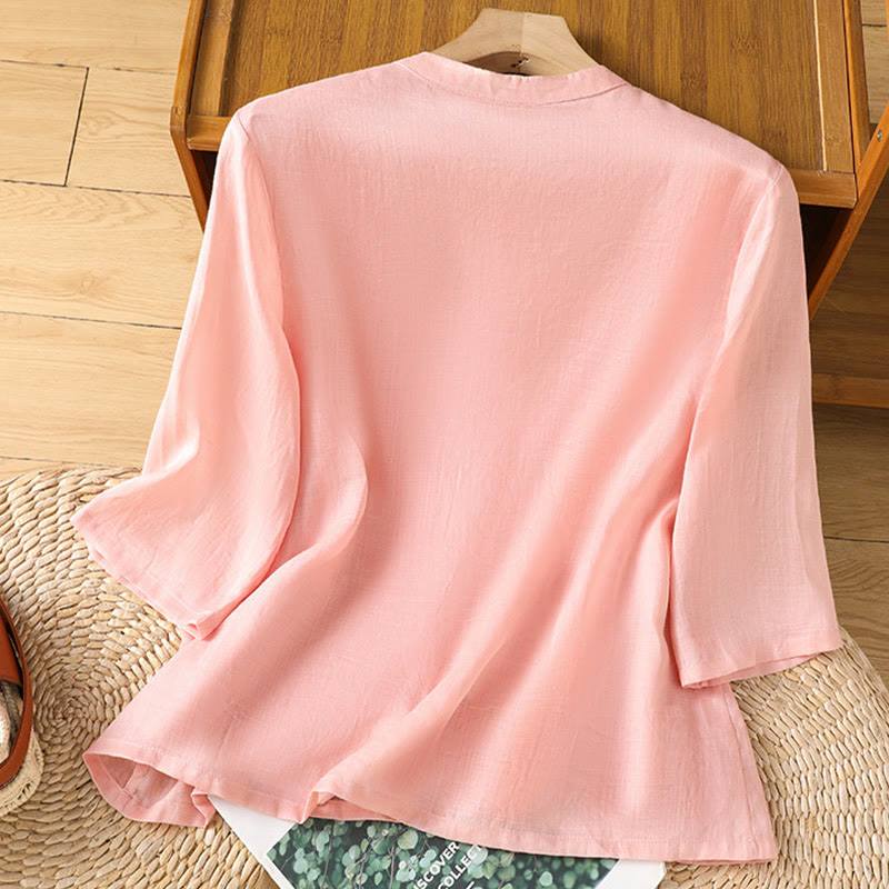 Buddha Stonesカジュアル レディース 花 葉 刺繍柄 カエルボタン クルーネックデザイン 半袖 コットンリネン シャツ - image 7