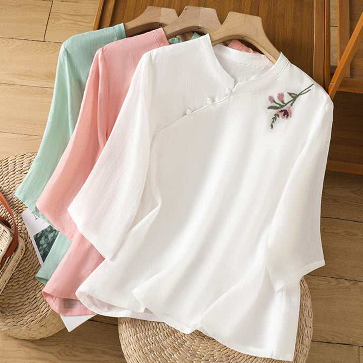 Buddha Stonesカジュアル レディース 花 葉 刺繍柄 カエルボタン クルーネックデザイン 半袖 コットンリネン シャツ - image 19