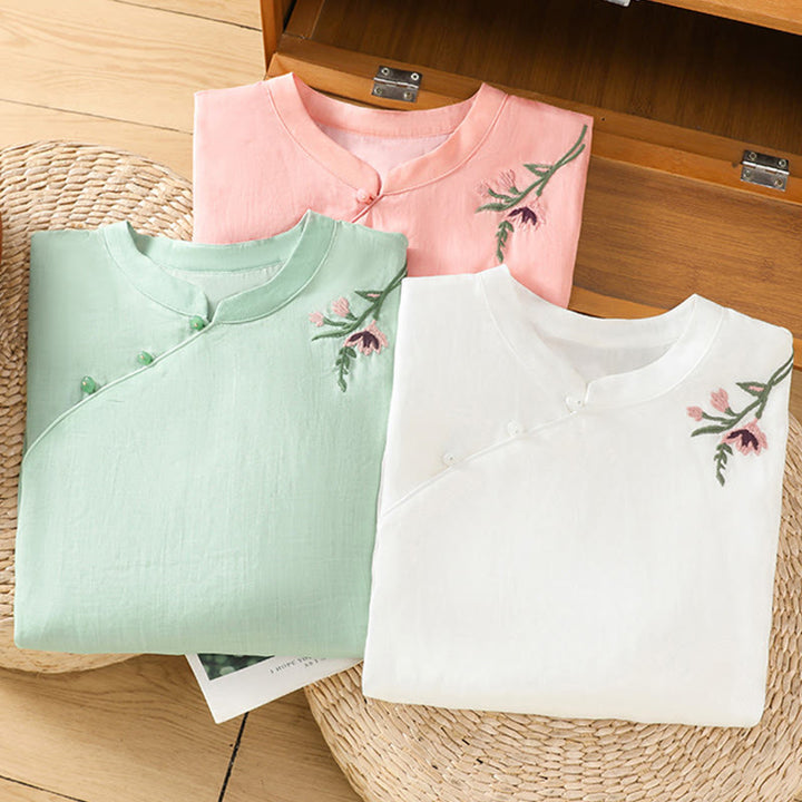 Buddha Stonesカジュアル レディース 花 葉 刺繍柄 カエルボタン クルーネックデザイン 半袖 コットンリネン シャツ - image 20