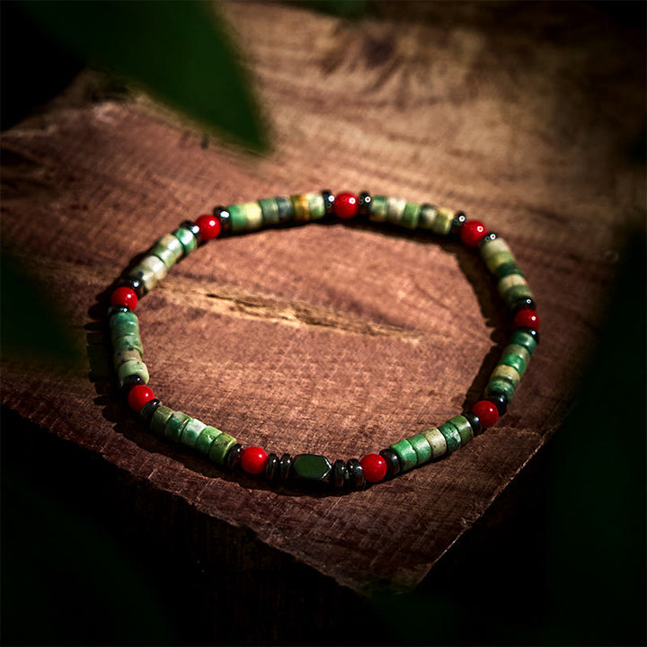 Buddha Stones天然グリーンストーンヘマタイトレッドコーラルパワフルブレスレット
