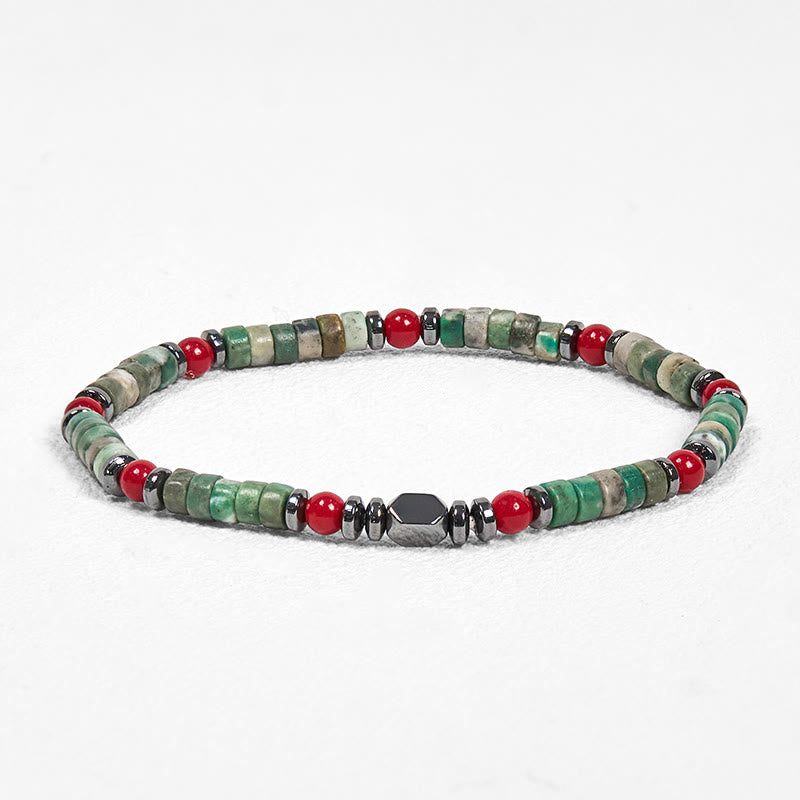 Buddha Stones天然グリーンストーンヘマタイトレッドコーラルパワフルブレスレット