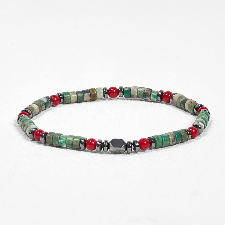 Buddha Stones天然グリーンストーンヘマタイトレッドコーラルパワフルブレスレット