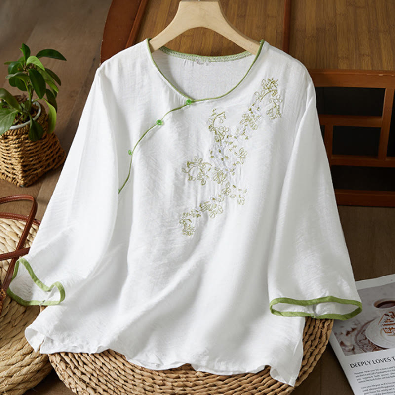 Buddha Stonesカジュアル レディース 花柄 刺繍柄 カエルボタン 斜め襟デザイン 七分袖 コットンリネン シャツ - 白 - US12、 UK/AU16、 EU44 (3XL) - image 0