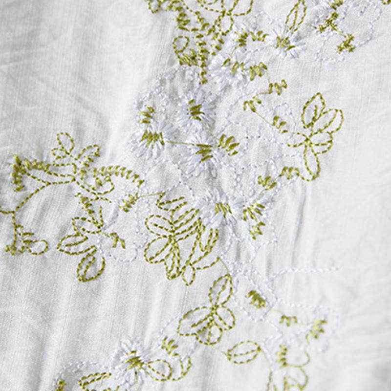 Buddha Stonesカジュアル レディース 花柄 刺繍柄 カエルボタン 斜め襟デザイン 七分袖 コットンリネン シャツ - image 3