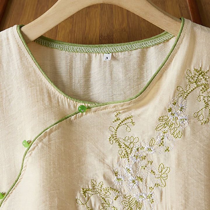 Buddha Stonesカジュアル レディース 花柄 刺繍柄 カエルボタン 斜め襟デザイン 七分袖 コットンリネン シャツ - image 8