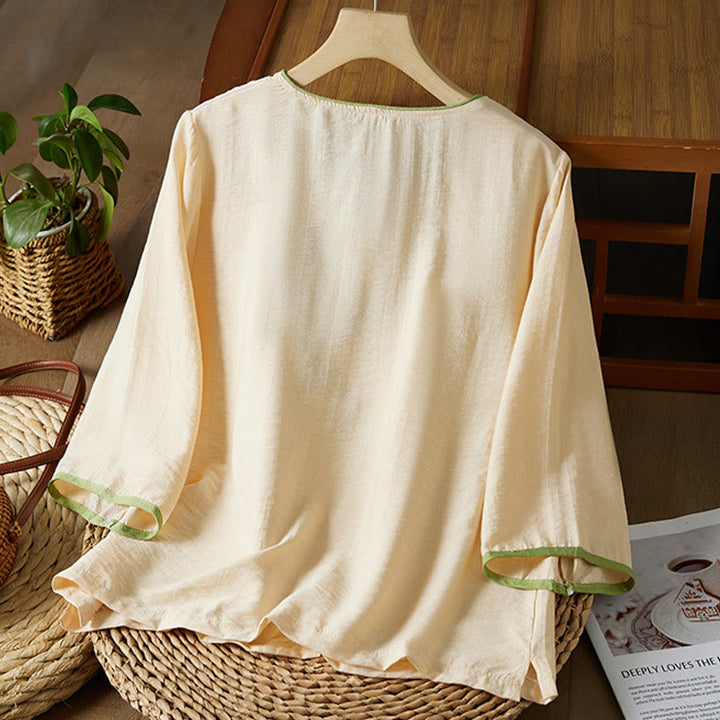 Buddha Stonesカジュアル レディース 花柄 刺繍柄 カエルボタン 斜め襟デザイン 七分袖 コットンリネン シャツ - image 7