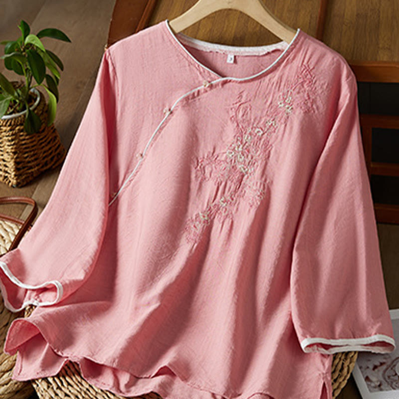 Buddha Stonesカジュアル レディース 花柄 刺繍柄 カエルボタン 斜め襟デザイン 七分袖 コットンリネン シャツ - image 20
