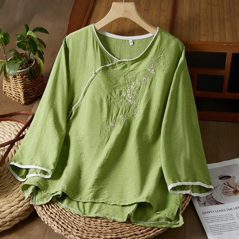Buddha Stonesカジュアル レディース 花柄 刺繍柄 カエルボタン 斜め襟デザイン 七分袖 コットンリネン シャツ - 黄緑 - US12、 UK/AU16、 EU44 (3XL) - image 25