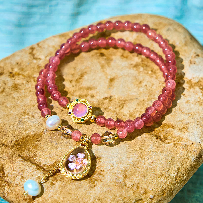 Buddha Stonesナチュラル ストロベリークォーツ パール バタフライ ウォータードロップ ポジティブ ダブルラップブレスレット