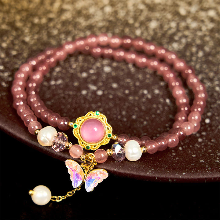 Buddha Stonesナチュラル ストロベリークォーツ パール バタフライ ウォータードロップ ポジティブ ダブルラップブレスレット