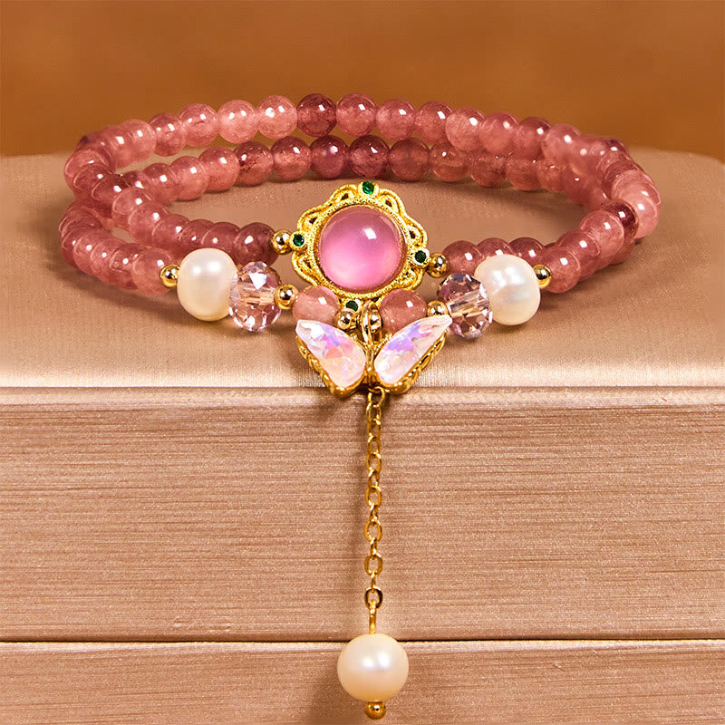 Buddha Stonesナチュラル ストロベリークォーツ パール バタフライ ウォータードロップ ポジティブ ダブルラップブレスレット