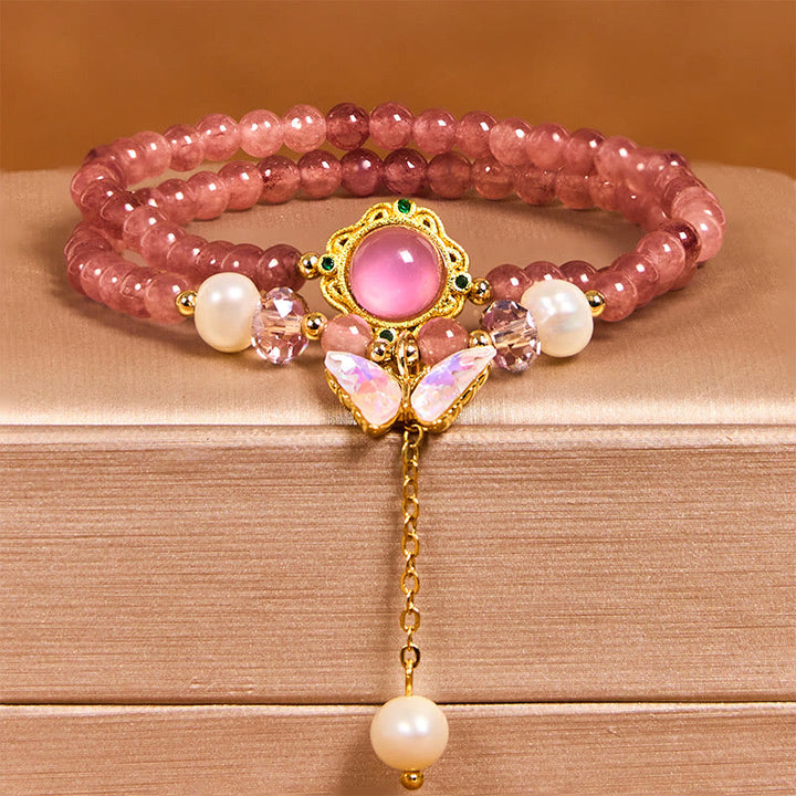 Buddha Stonesナチュラル ストロベリークォーツ パール バタフライ ウォータードロップ ポジティブ ダブルラップブレスレット