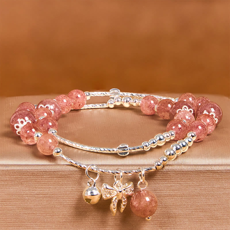 Buddha Stones天然ストロベリークォーツ 蝶結び ロゼットチャーム ヒーリング ダブルラップブレスレット