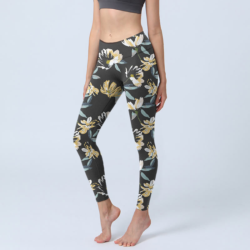 Buddha Stonesイエローホワイト花柄プリントジムレギンスレディースヨガパンツ - 黒 - US18、 UK/AU22、 EU50 (4XL) - image 1