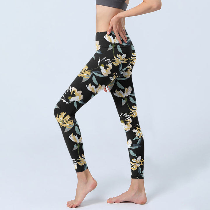 Buddha Stonesイエローホワイト花柄プリントジムレギンスレディースヨガパンツ - image 3