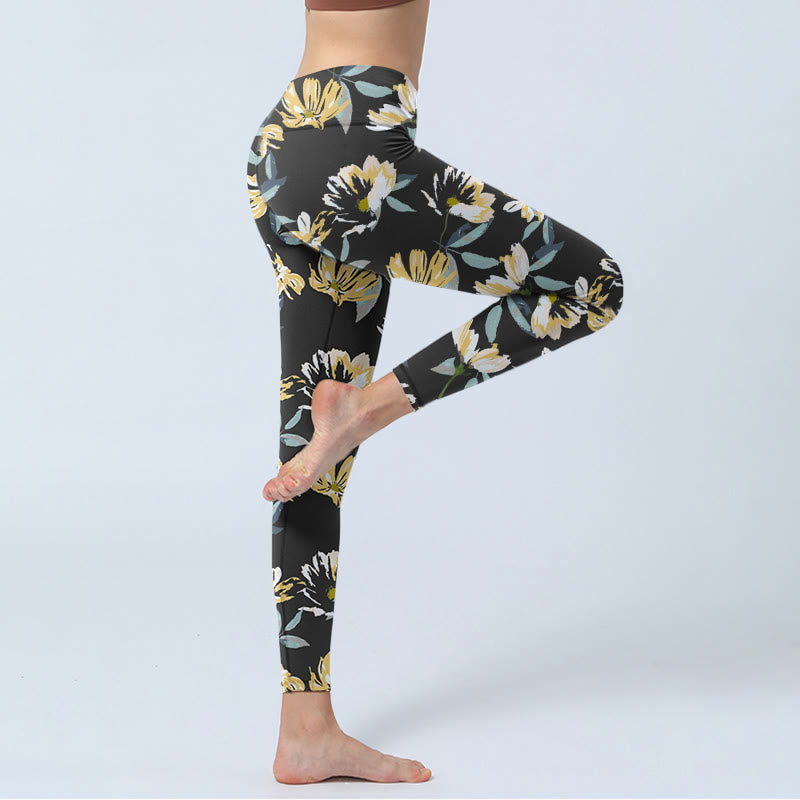 Buddha Stonesイエローホワイト花柄プリントジムレギンスレディースヨガパンツ - image 5