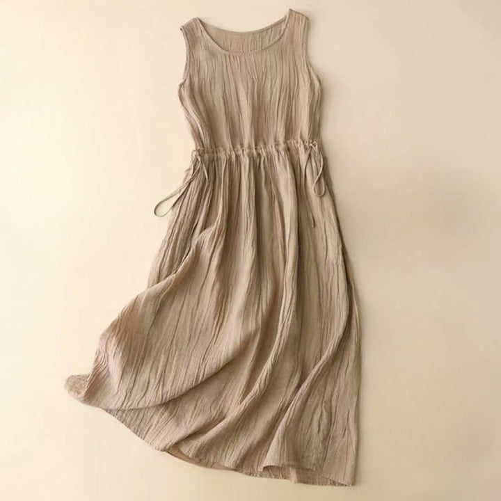 Buddha Stonesカジュアル 無地 ハンドメイド ドローストリング ウエスト ミディドレス アクリル ノースリーブ ドレス ポケット付き - バーリーウッド - US8-10，UK/AU12-14，EU40-42 (2XL) - image 0