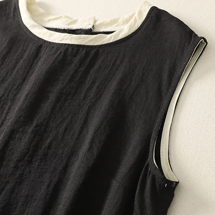 Buddha Stonesカジュアルステッチカラーハンドメイドボタンデザインミディドレスポリエステルノースリーブドレスポケット付き - image 1