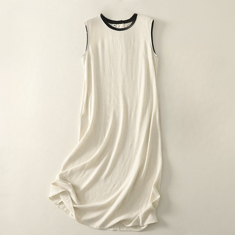 Buddha Stonesカジュアルステッチカラーハンドメイドボタンデザインミディドレスポリエステルノースリーブドレスポケット付き - ベージュ - US8-10，UK/AU12-14，EU40-42 (2XL) - image 5