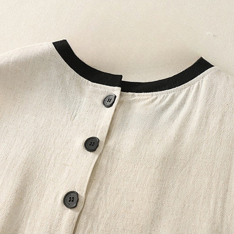 Buddha Stonesカジュアルステッチカラーハンドメイドボタンデザインミディドレスポリエステルノースリーブドレスポケット付き - image 10