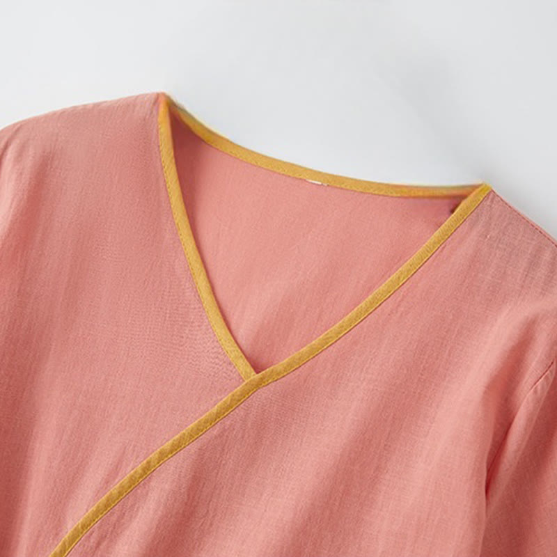 Buddha Stonesサマーカジュアル ステッチカラー レースアップデザイン Vネック 半袖 ミディドレス - image 2