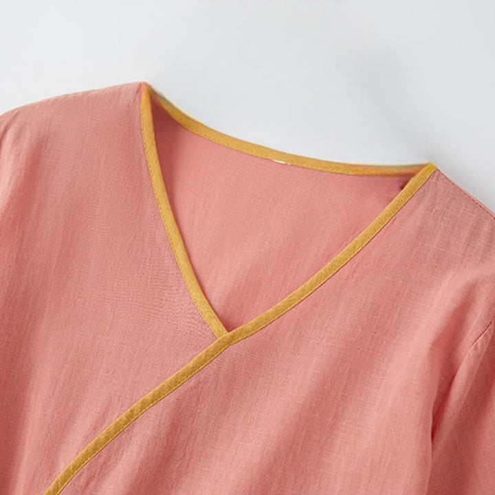 Buddha Stonesサマーカジュアル ステッチカラー レースアップデザイン Vネック 半袖 ミディドレス - image 2