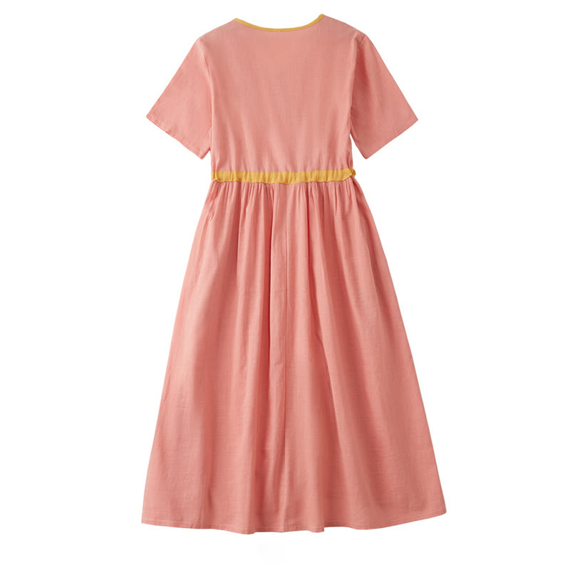 Buddha Stonesサマーカジュアル ステッチカラー レースアップデザイン Vネック 半袖 ミディドレス - image 1