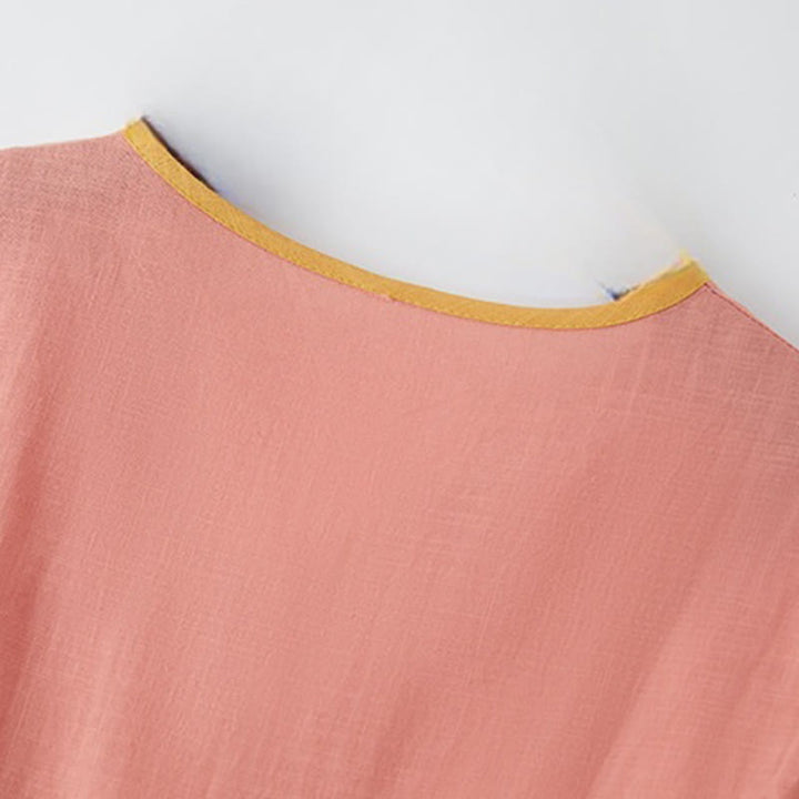 Buddha Stonesサマーカジュアル ステッチカラー レースアップデザイン Vネック 半袖 ミディドレス - image 3