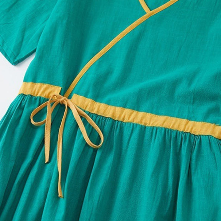 Buddha Stonesサマーカジュアル ステッチカラー レースアップデザイン Vネック 半袖 ミディドレス - image 11