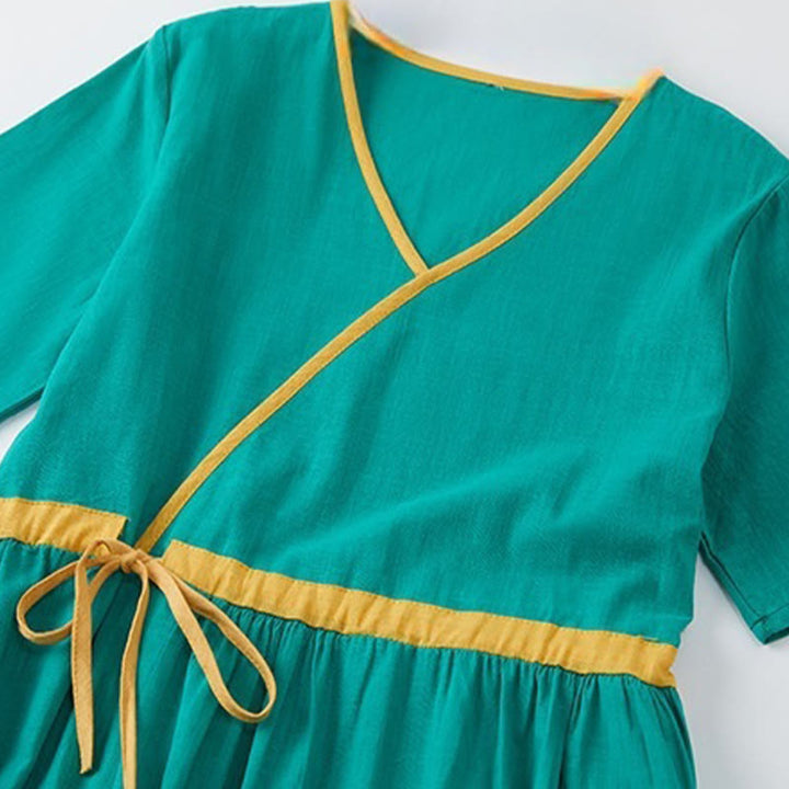 Buddha Stonesサマーカジュアル ステッチカラー レースアップデザイン Vネック 半袖 ミディドレス - image 10