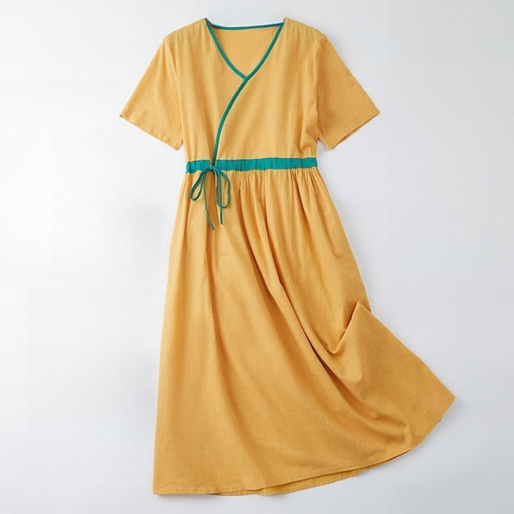 Buddha Stonesサマーカジュアル ステッチカラー レースアップデザイン Vネック 半袖 ミディドレス - ゴールデンロッド - US8-10，UK/AU12-14，EU40-42 (2XL) - image 12
