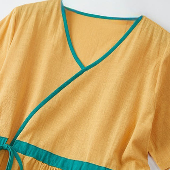 Buddha Stonesサマーカジュアル ステッチカラー レースアップデザイン Vネック 半袖 ミディドレス - image 13