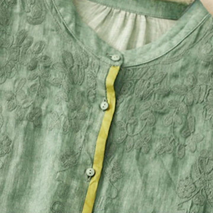 Buddha Stonesサマーカジュアル刺繍スタンドカラーデザイン七分袖アクリルミディドレス - image 1