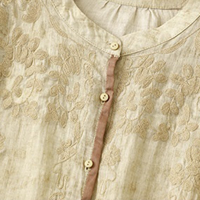 Buddha Stonesサマーカジュアル刺繍スタンドカラーデザイン七分袖アクリルミディドレス - image 10